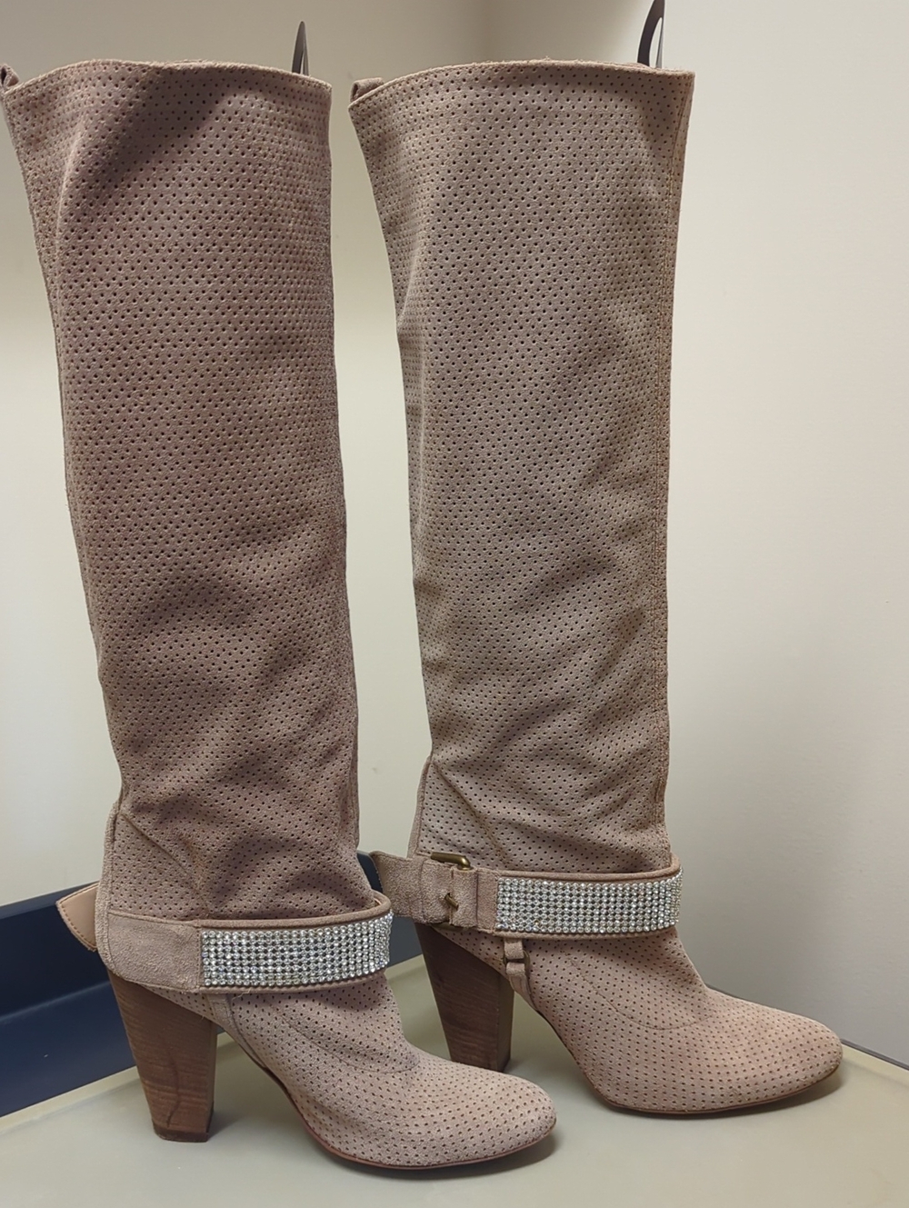 Women's Blush  Suede Knee High Heeled Boots with Rhinestone Strap